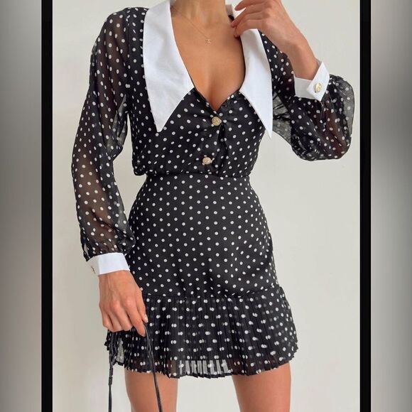 Zara Polka Dot Mini Black White Dress Collar Size S - Picture 8 of 11